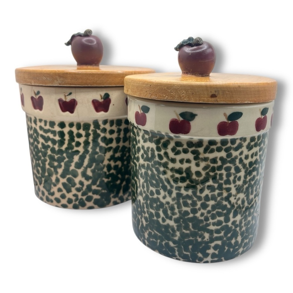 Vintage 90’s Country Apple Green Spongeware Stoneware Crocks/Canisters-set of 2